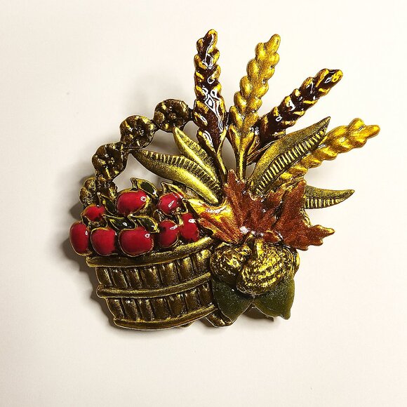 Vintage Kenneth Cole Layered Fall Harvest Wheat Apples Acorn Enamel Brooch - Picture 1 of 5